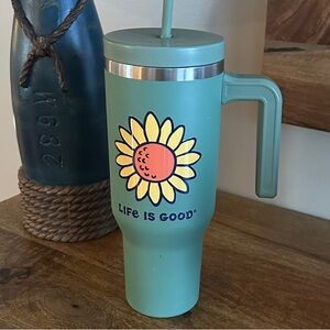 Life Is Good Teal Tumbler with Sunflower Design